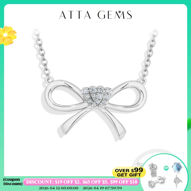 

ATTAGEMS Роскошное ожерелье из стерлингового серебра 925 пробы с подвеской-бантом и муассанитом D VVS1 для женщин, для помолвки, вечеринки, подарка на Рамадан, ювелирное украшение