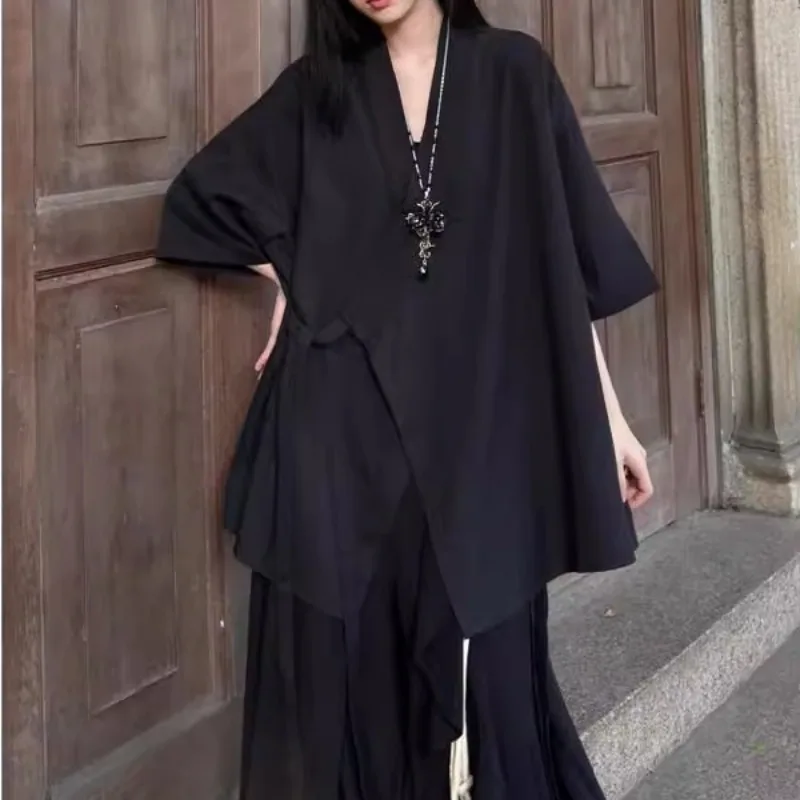 Short Sleeve Shirt for Women Black Dark Style Japan Harajuku YY Design Ribbons Casual Lady's Clothes Creative Art Style