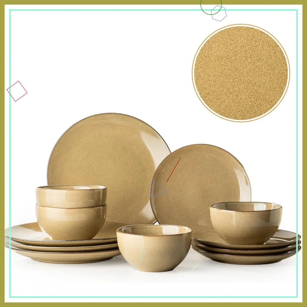 

Modern Stoneware Dinnerware Set for 4, 12 Pieces Plates and Bowls Sets, Microwave and Dishwasher Safe in Maize Yellow