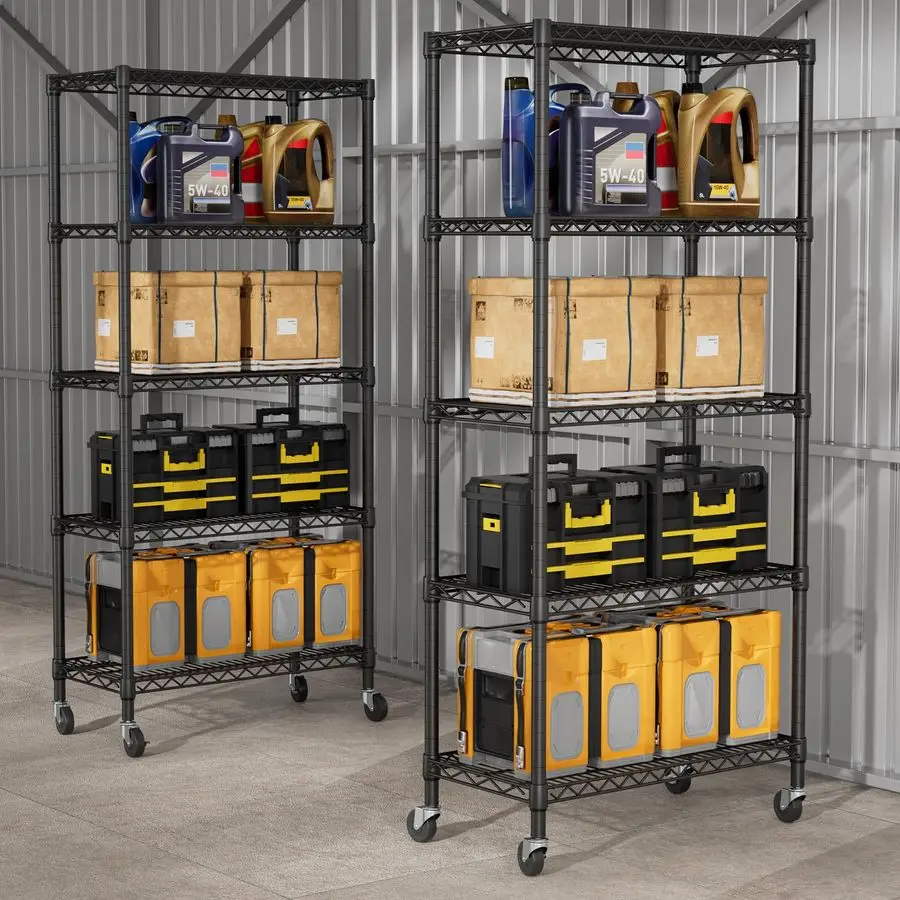 Étagère de rangement robuste réglable à 5 étagères, avec roulettes, organisateur en acier, étagères en fil métallique, organisateurs de salle de bains et étagères