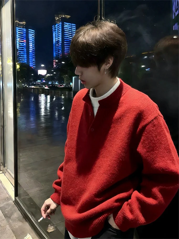 

Красный утепленный вязаный свитер с воротником хенли для мужчин, зимний базовый слой, имитация двухслойности, свободный крой, длинный рукав, премиум-класс