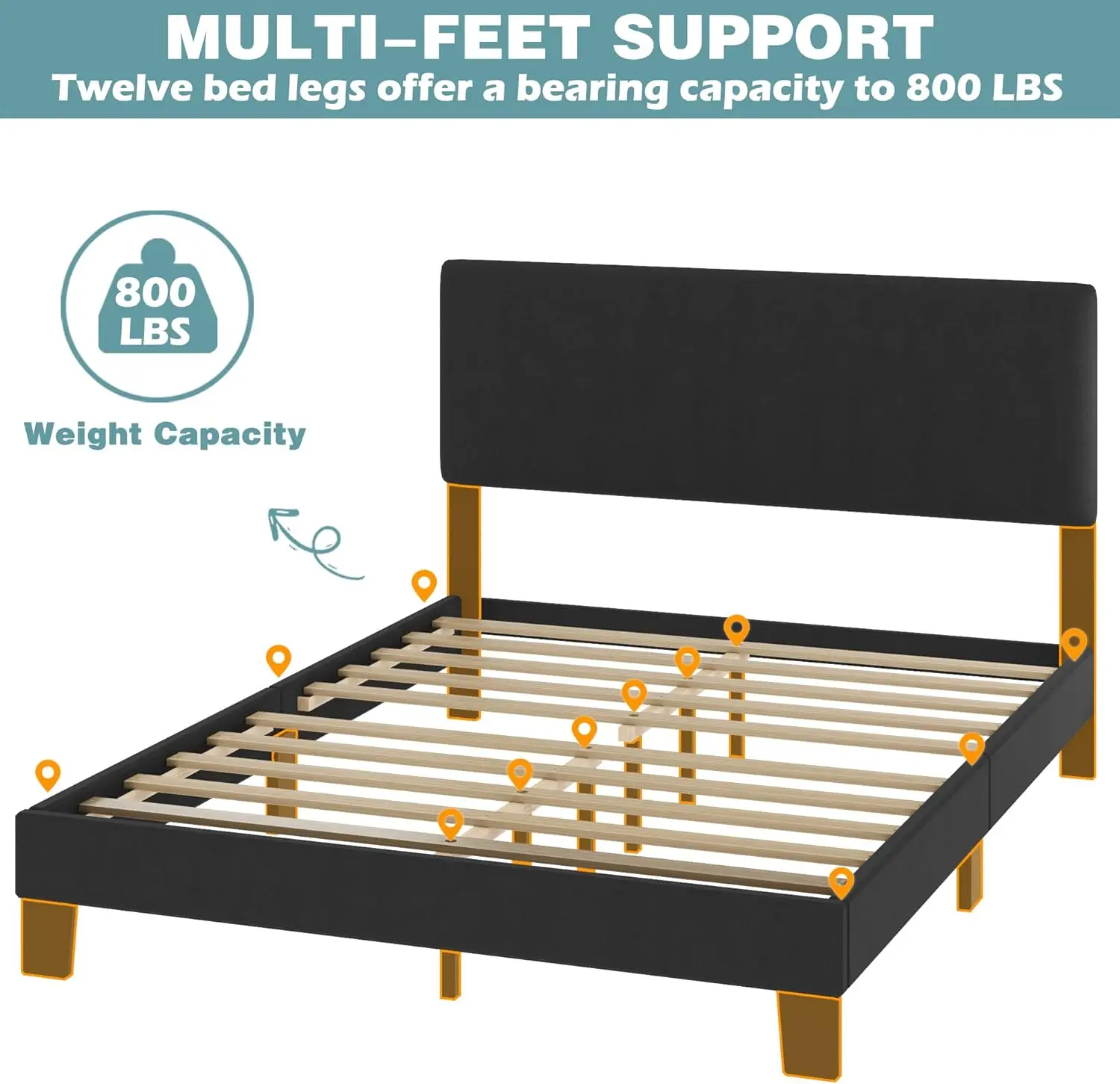 Large bed frame with headboard, wooden support, no need for box springs, heavy-duty foot pads, easy to assemble, dark gray