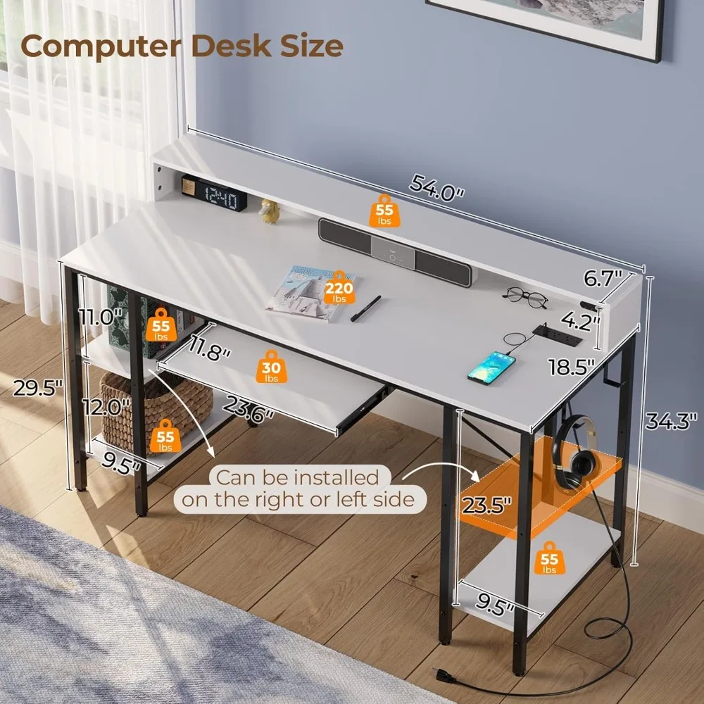 Computer Desk with LED Lights & Power Outlets, Gaming  with Storage Shelves,Home Office  with Keyboard Tray,Writing