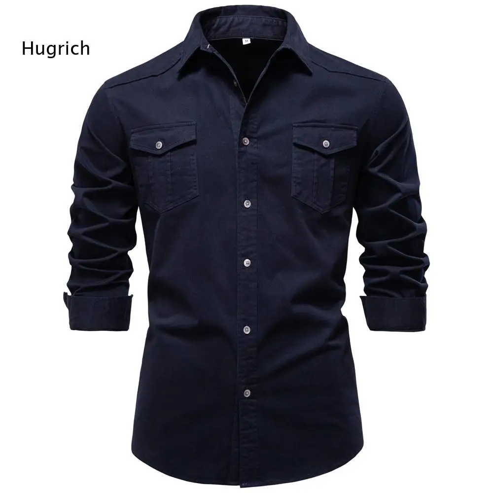 Mens Regular Long Sleeve Lapel Collar Button Shirt Featuring Two Chest Flap Pockets For Casual Office And Daily Leisure Wear