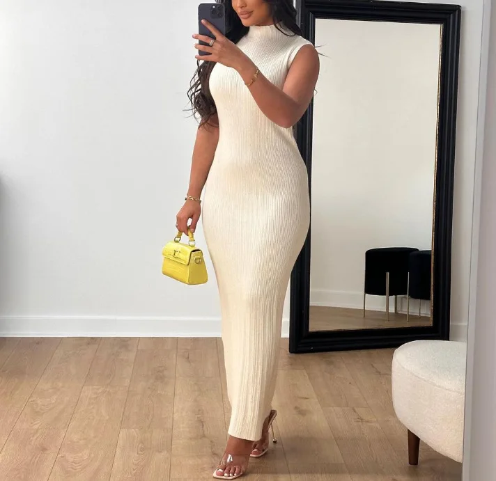Dress Women Long Dresses Round Neck Sleeveless Vest Bodycon Knitted Elegant High Waist Slim Party Club Knit Vestidos Casual