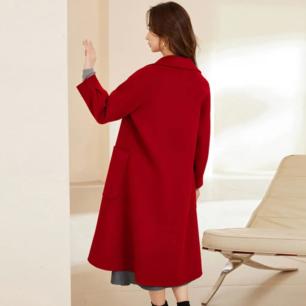 

Women's Extra Long Double-Sided Woolen Coat Hepburn Style Loose plus Size Over-The-Knee Elegant Autumn Winter Commuter Coat