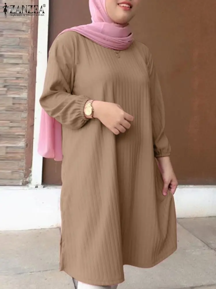 

ZANZEA WomenSpring Elegant Muslim Long Tops Casual Islamic Clothing Marocain Abaya Shirt Fashion Long Sleeve Solid Loose Blouse