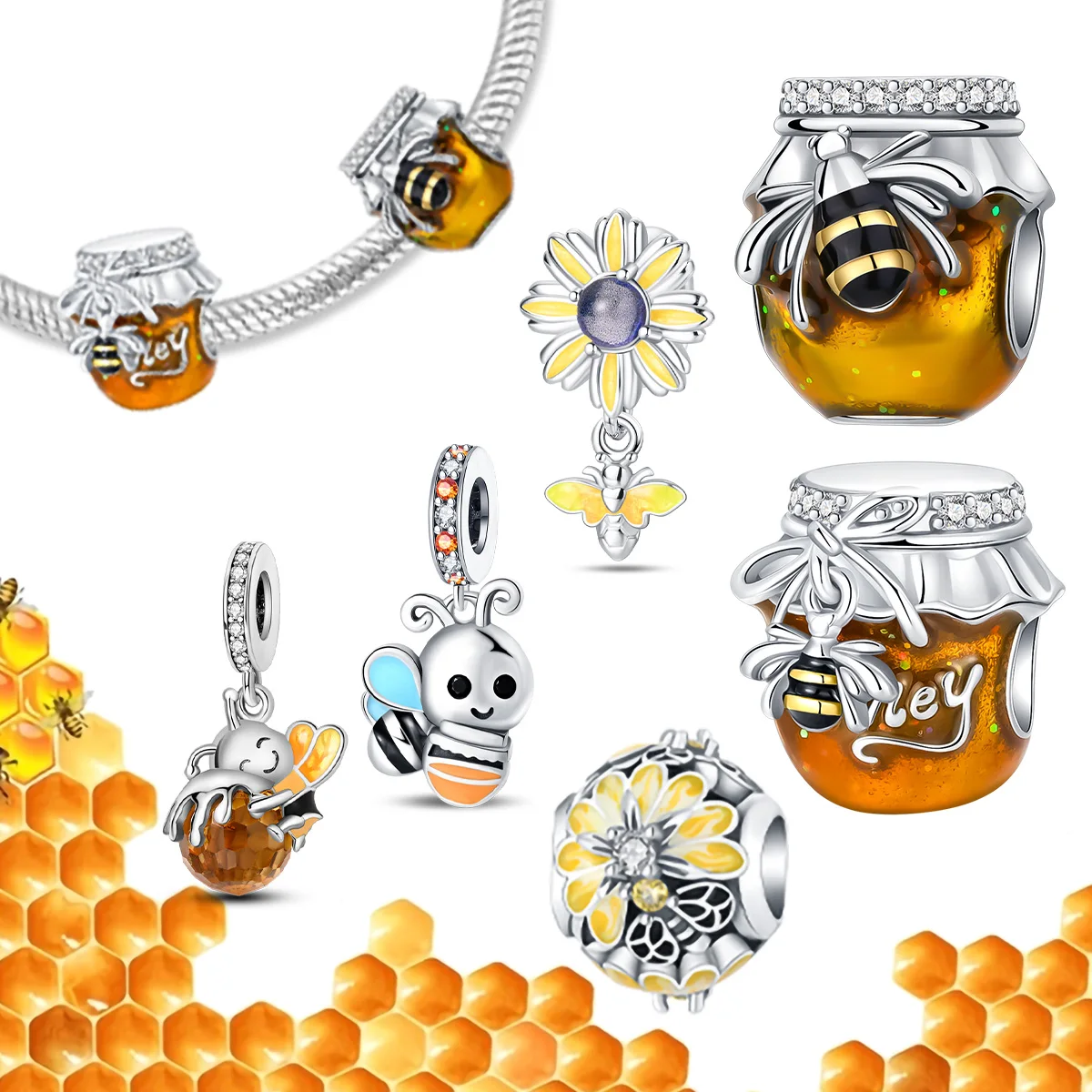 

925 Sterling Silver Bee Honey jar Yellow series pandent Charm Fit Bracelet DIY Bead Ms Premium Jewelry Valentine's Birthday Gift