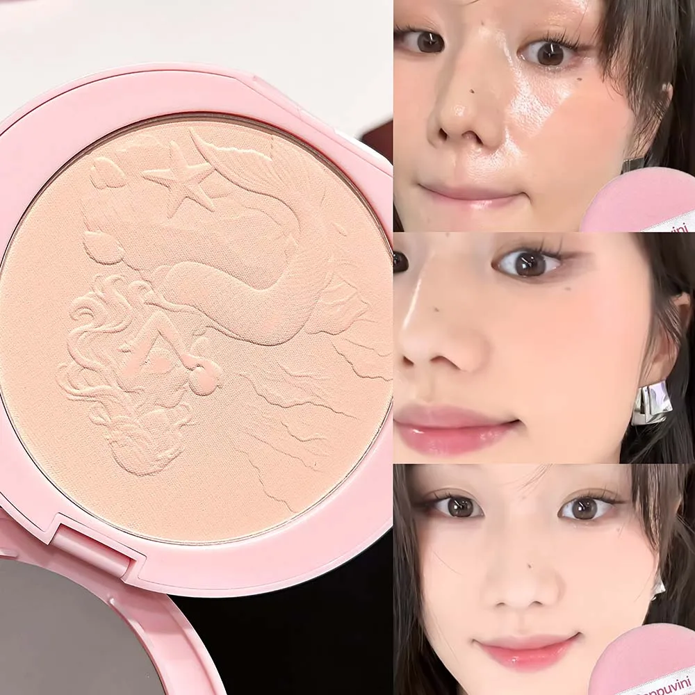 Cappuvini Mermaid Embossed Pressed Powder Oil Control Waterproof Matte Setting Powder Long Lasting Blur Pores Face Makeup