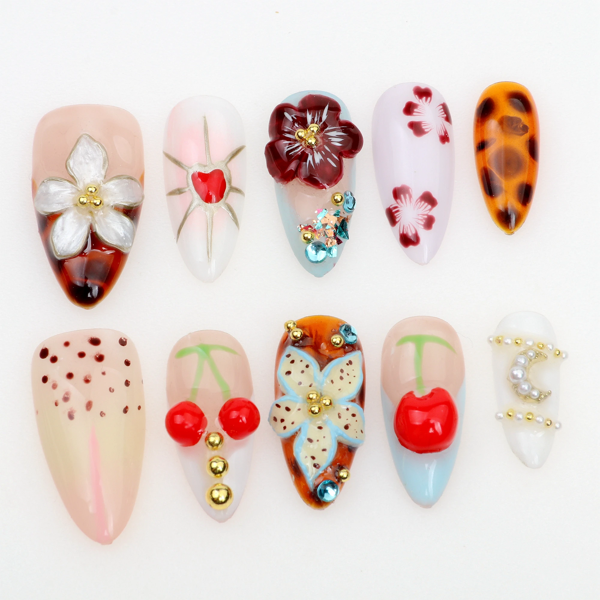 10Pcs 3D Press Manicure Medium Almond Fake Nails Unique 3D New Cut Flowers Press On Nails Design with Adhesive Nail File Set