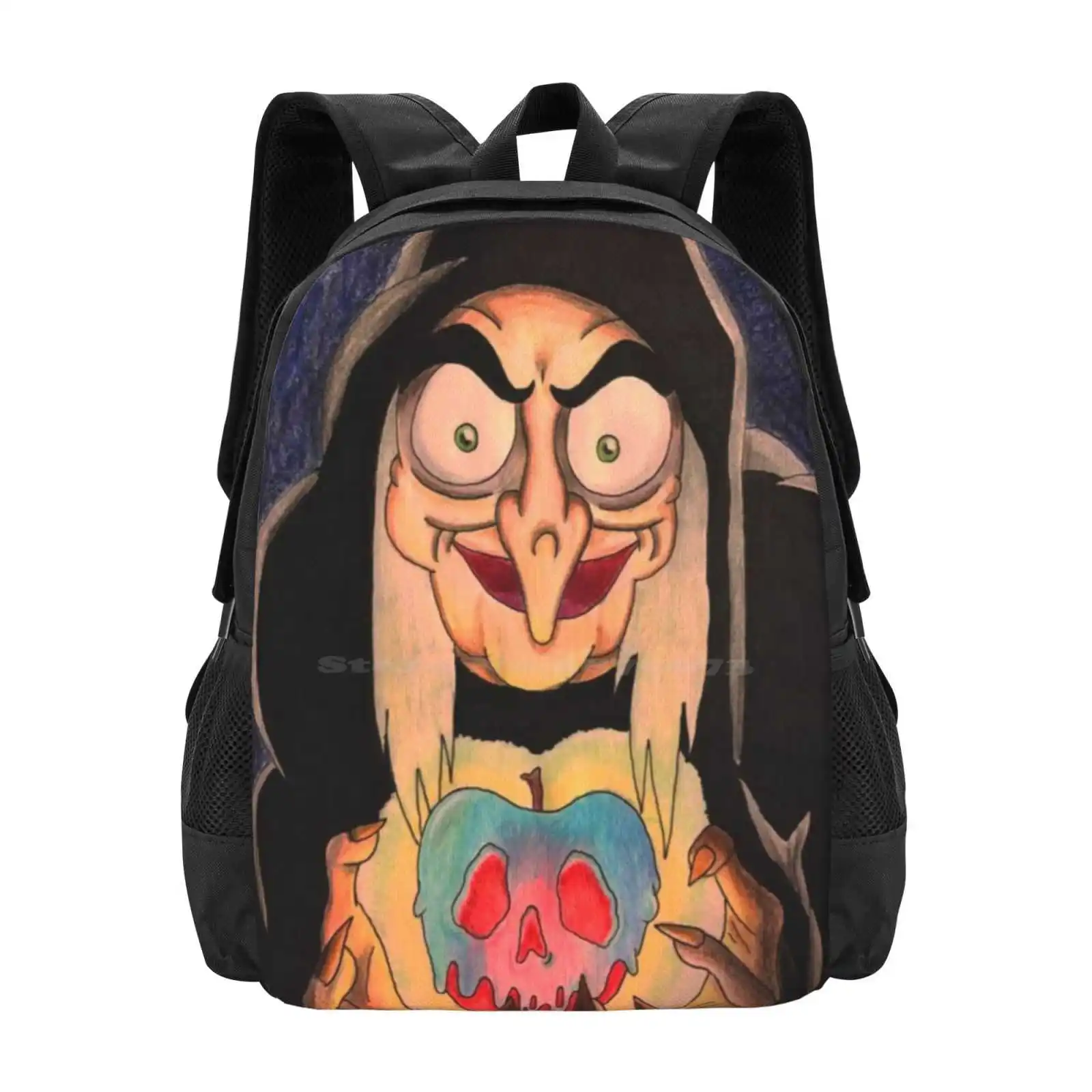 Mochila escolar com grande capacidade, mochila para laptop, rainha má, veneno do Dia das Bruxas, maçã, bruxa, bruxas, crânio, branca de neve, mochila