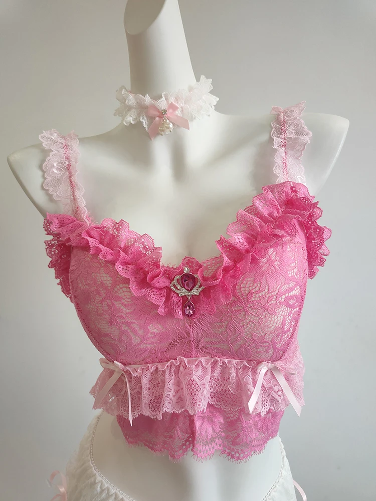 

Cute Lace Crop Top Women Summer Tops Slim Hollow Out Camis for Sweet Girls Lolita Style Kawaii Clothes