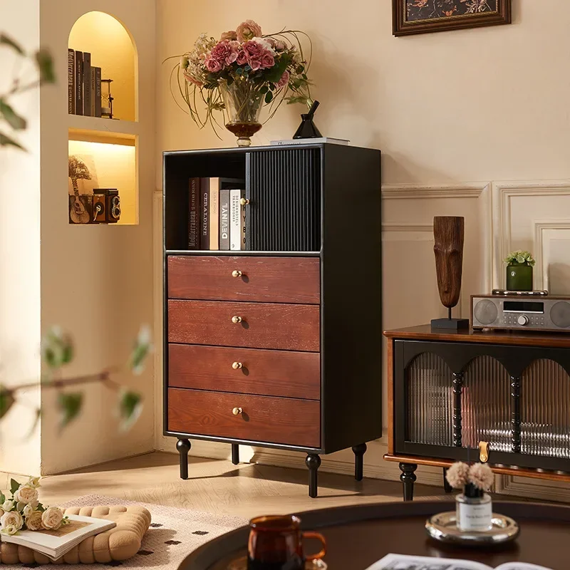 

French solid wood black American living room roller shutter locker, medieval furniture, bedside storage side cabinet