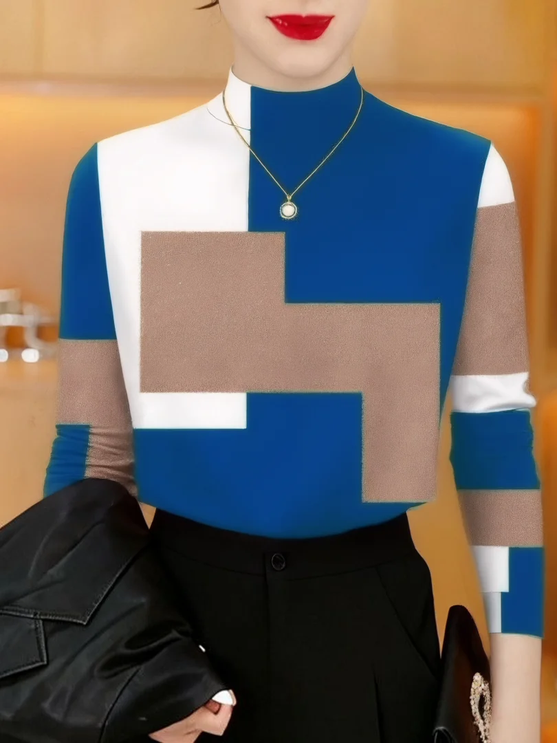 

Thickened Fleece Long Sleeve T-Shirt Geometric Print High Collar Women's plus Size Slimming Top for Middle-Aged And Elderly