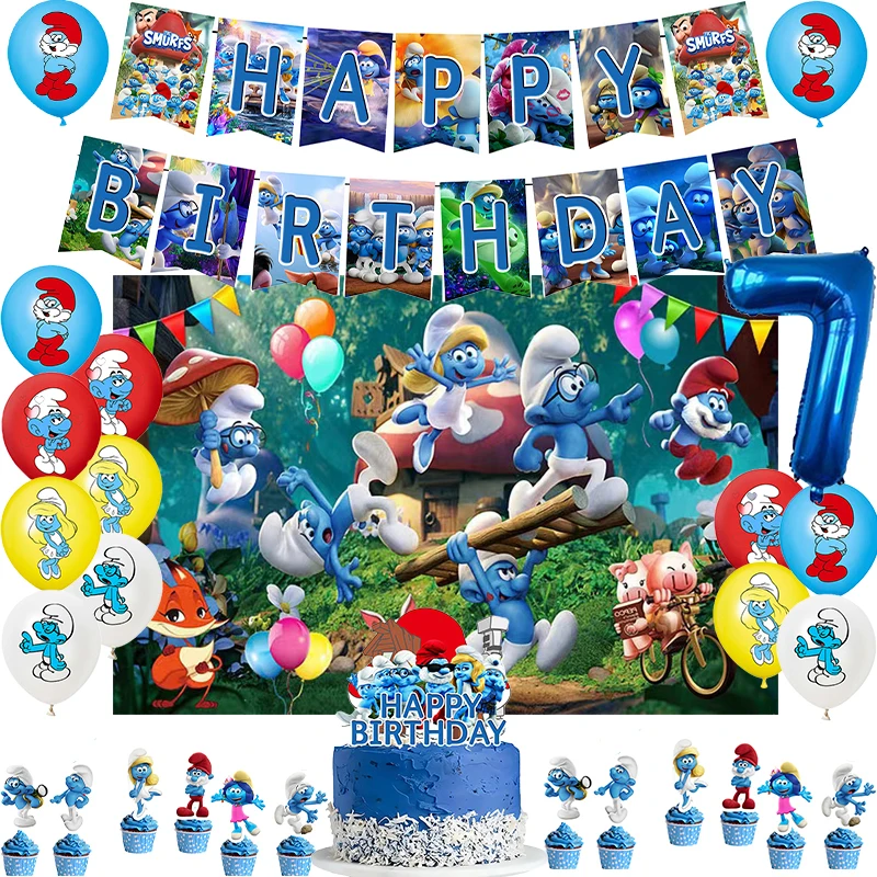 The Smurfes Birthday Party Decoration Balloon Banner Backdrop Cake Topper Smurf Birthday Party Supplies Baby Shower