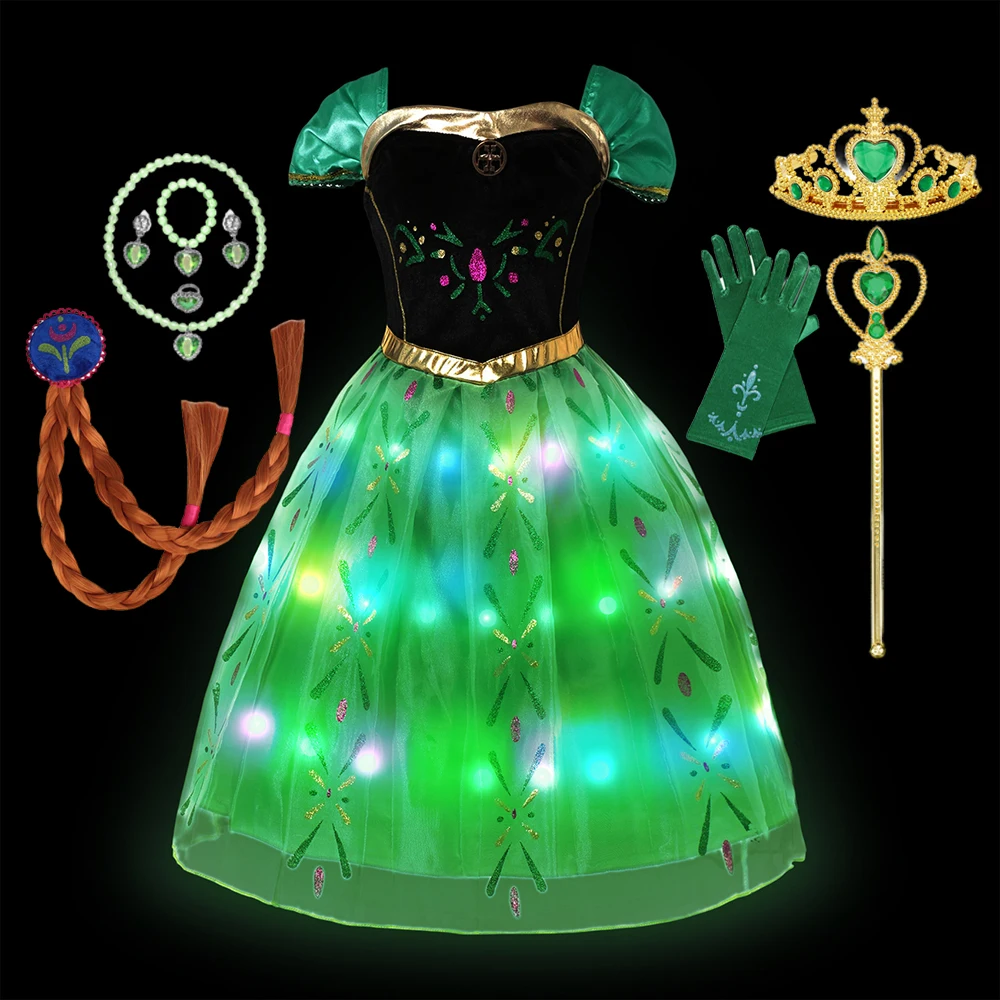 Disney Frozen Elsa Anna Princess Girls LED Light Up Dress Halloween Carnival Clothing Party Kids Cosplay Children Costume