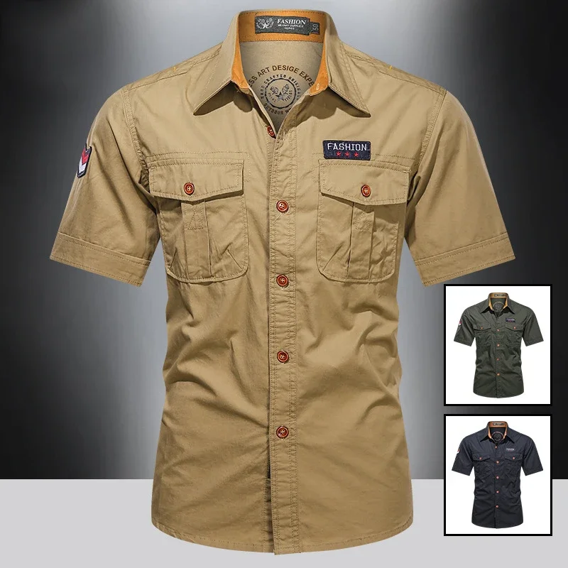

American pure cotton work shirt men's short sleeved multi pocket lapel top oversized jacket summer thin half sleeved shirt