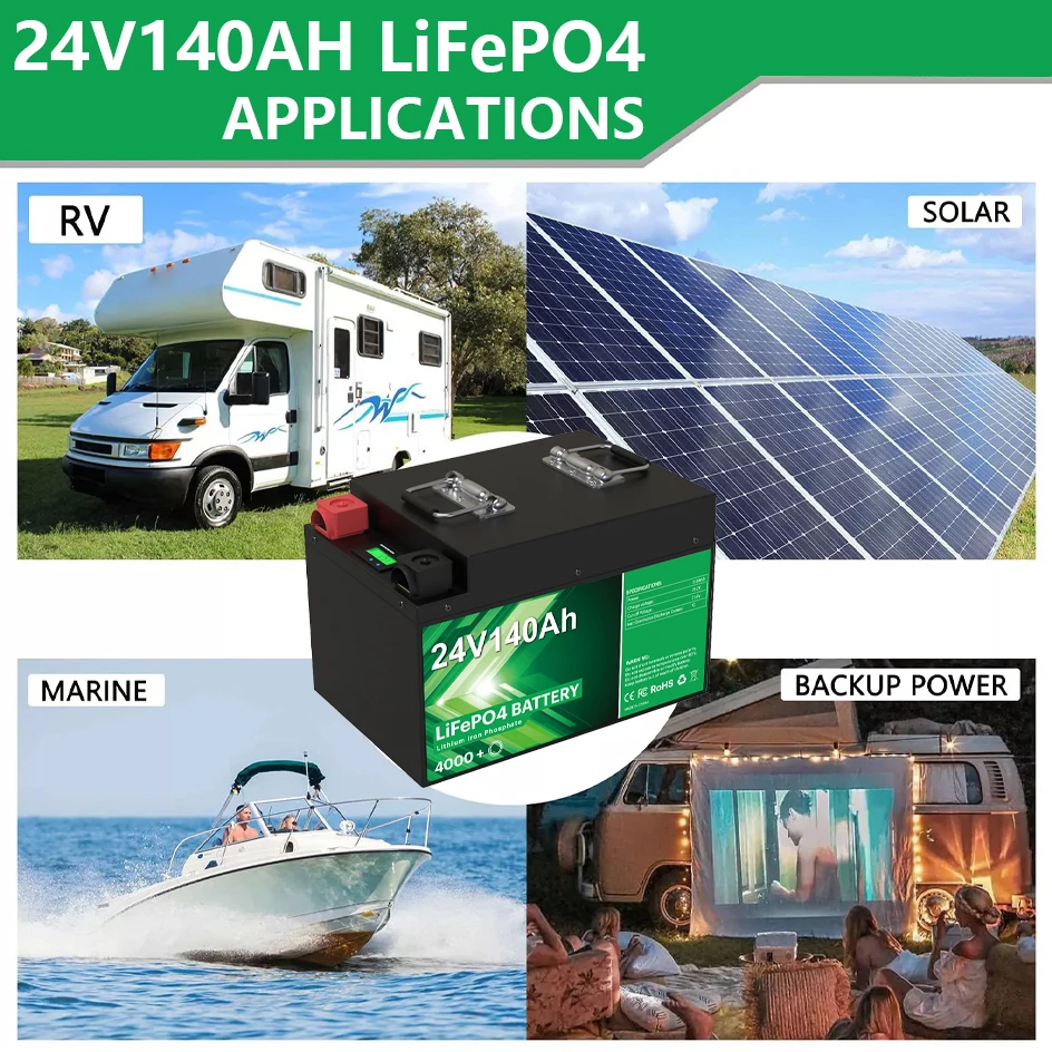 24V 140Ah 100Ah LiFePO4 Battery Pack 25.6V 4000 Cycle Built-in BMS Grade A Cells Rechargeable Lithium Battery For RV Boat NO TAX