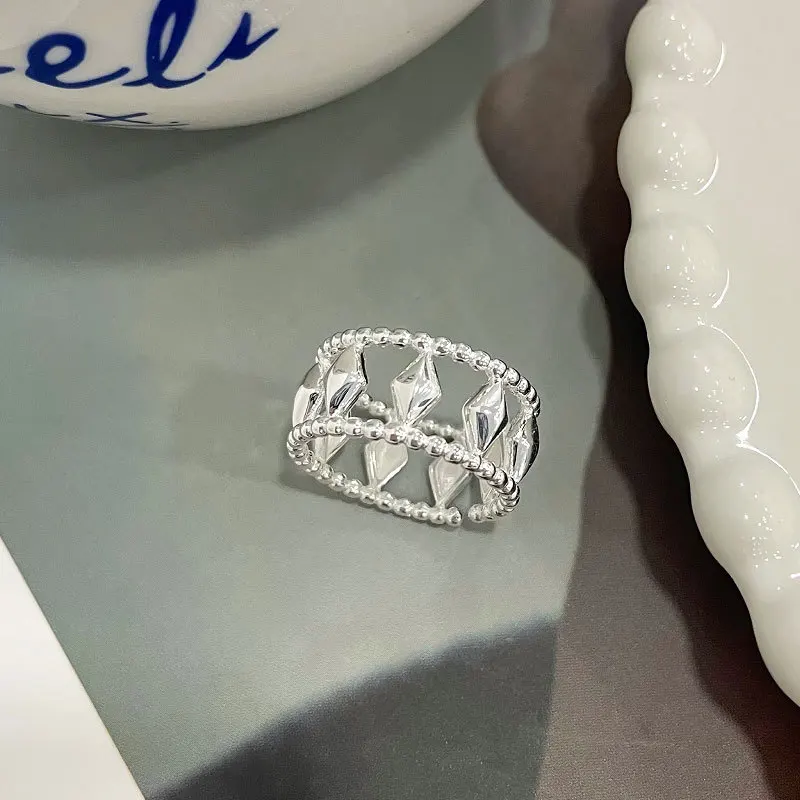 100% 925 Sterling Silver Geometric Ring for Women Girl Fashion Rhombus Hollow Out Design Jewelry Birthday Gift Dropshipping