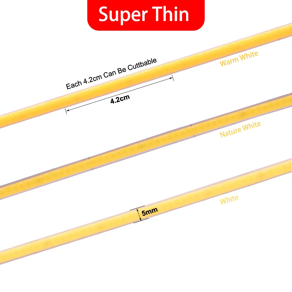 Super Thin 5mm COB LED Strip 384LEDs/m Dimmable soft Led Light Bar Warm Cold White for KTV Hotel home Decor Lighting DC12V/24V