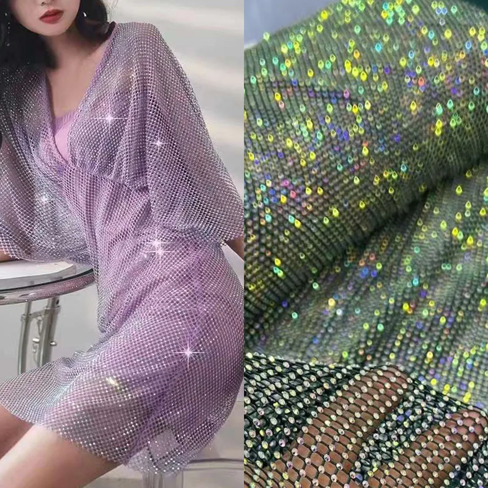 Shiny Colorful Rhinestones Lace Fabric Checkered Transparent Crystals Mesh Tulle for Sewing Women Party Night Diamond Ball Dress