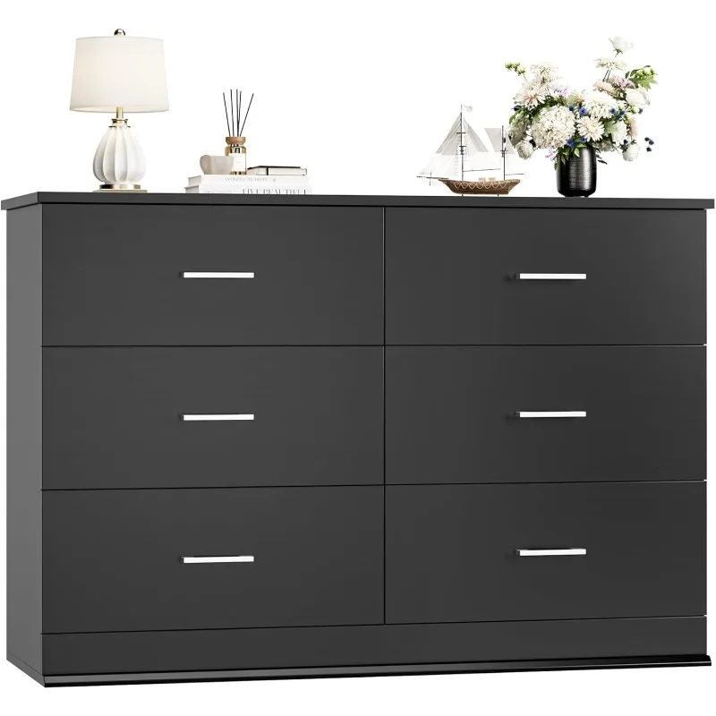 Black Dresser, 47.2'' Large 6 Drawer Dresser Wide Chest of Drawers for TV Stand, Modern Dresser Black Floor Storage Drawe