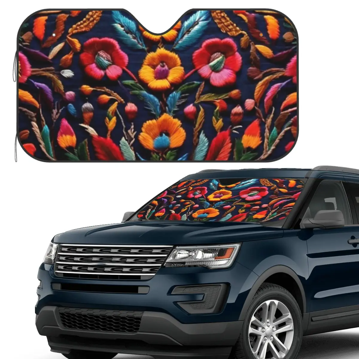 

Mexican Embroidery Floral Sunshade Windscreen Car Front Windshield Window Sun Visor Accessories Covers