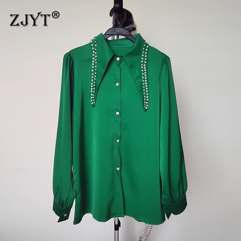 

ZJYT Beading Collar Satin Shirts Blouses for Women Spring White Loose Blusa Mujer Korean Style Casual Office Camisas Tops 2024