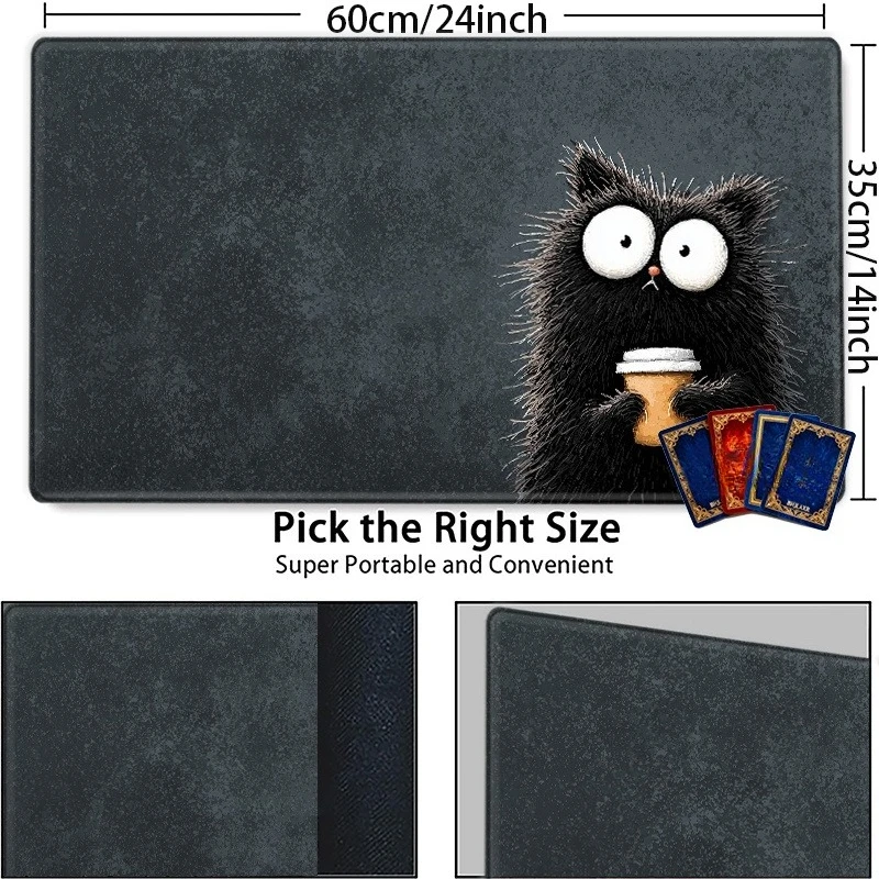 Cute black spiky-haired creature Holding white-eyed coffee cup CCG TCG collectible card game table mat in cartoonish fun style