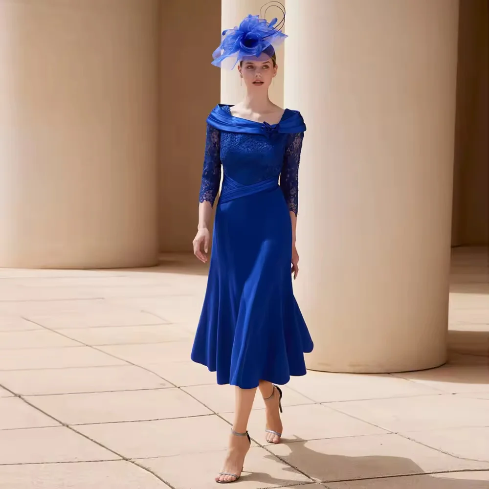 

Customized Elegant Mother of the Bride Dresses Satin A-line Party Dress Square Neck Lace Pleat Ruched Groom's Mother Dress