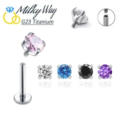 G23 Titanium Earrings with CZ Stone Lip Stud Labre Internally Thread Nose Rings Ear Cartilage Piercing Ornaments Jewelry