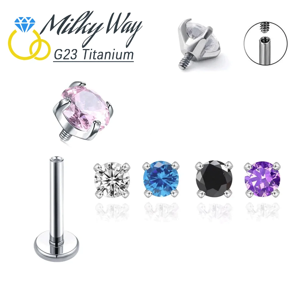 G23 Titanium Earrings with CZ Stone Lip Stud Labre Internally Thread Nose Rings Ear Cartilage Piercing Ornaments Jewelry