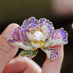 Chinese Style Purple Peony Flower Brooch For Women Dainty Plant Pearl Shiny Rhinestone Pins Party Office Wedding Corsage Jewelry