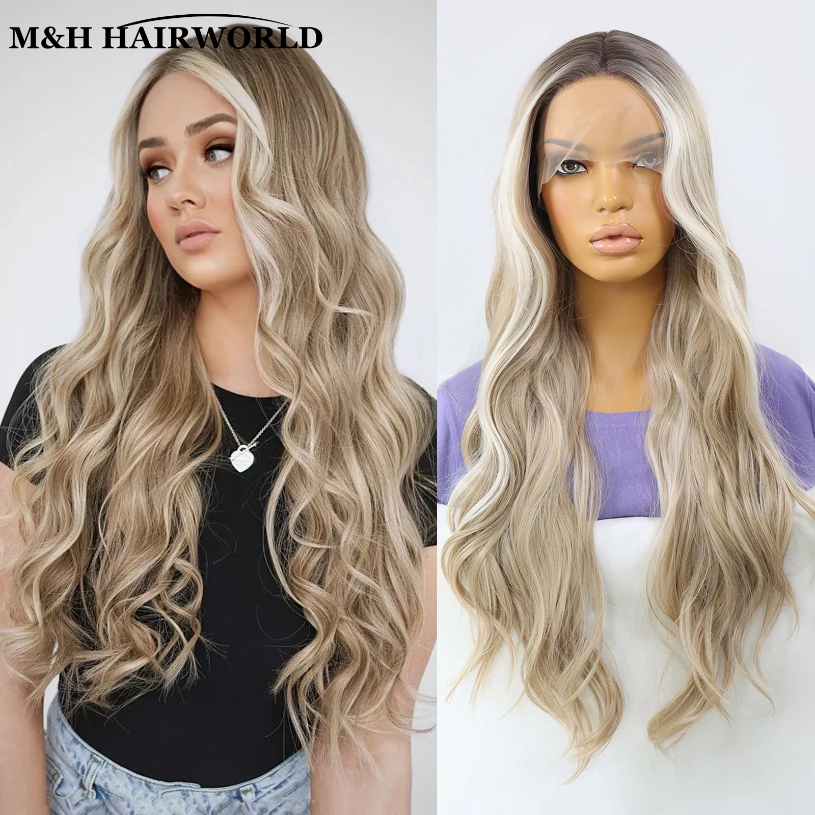 

Ombre Ash Blonde Highlight Color Wig 13X3X1 Lace Front Wigs for Women 30 Inch Natural Long Wavy High Density Synthetic Hair Wig