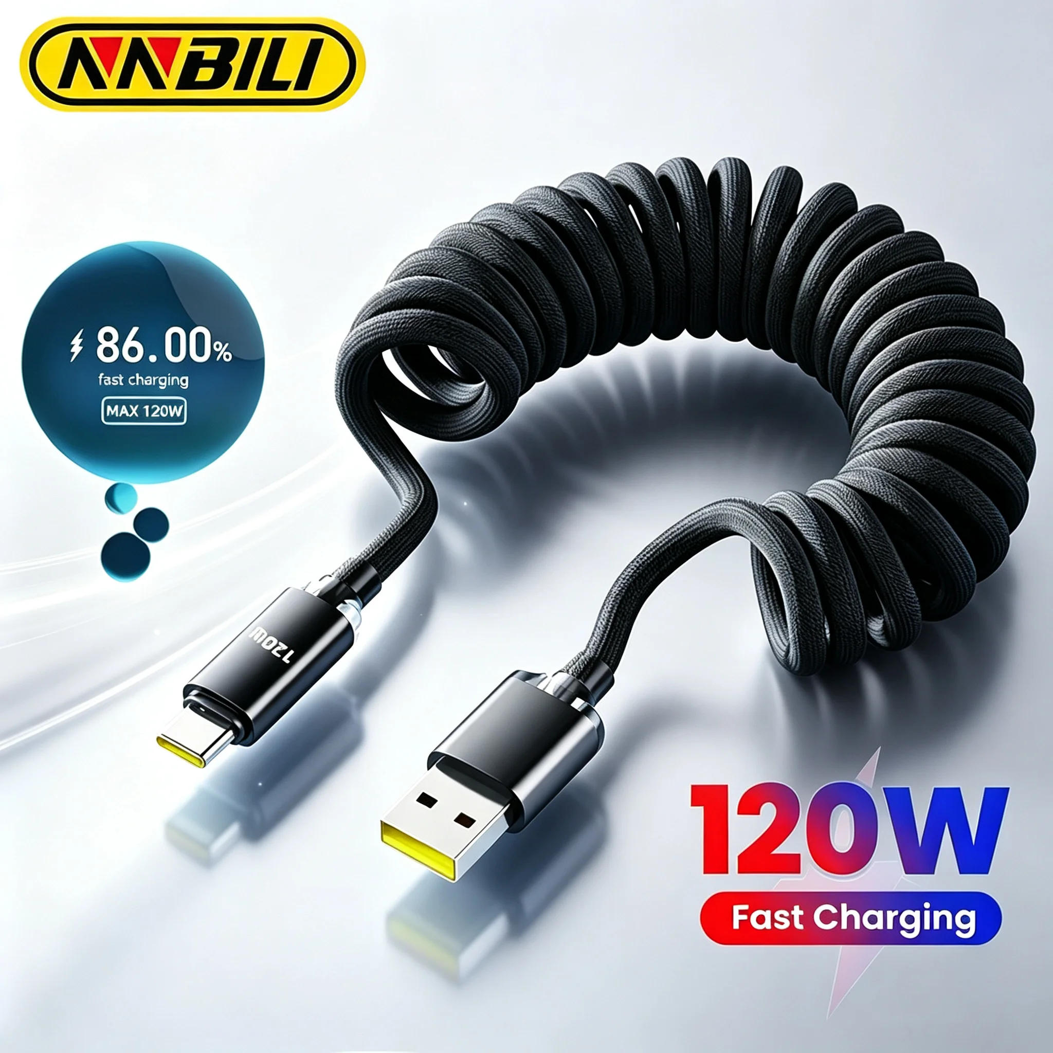 NNBILI 6A USB-auf-USB-C-Kabel für Huawei Xiaomi 120W Auto-Federkabel Schnelles USB-C-Datenkabel Geflochtenes Kabel Schnellladung für Poco Oneplus
