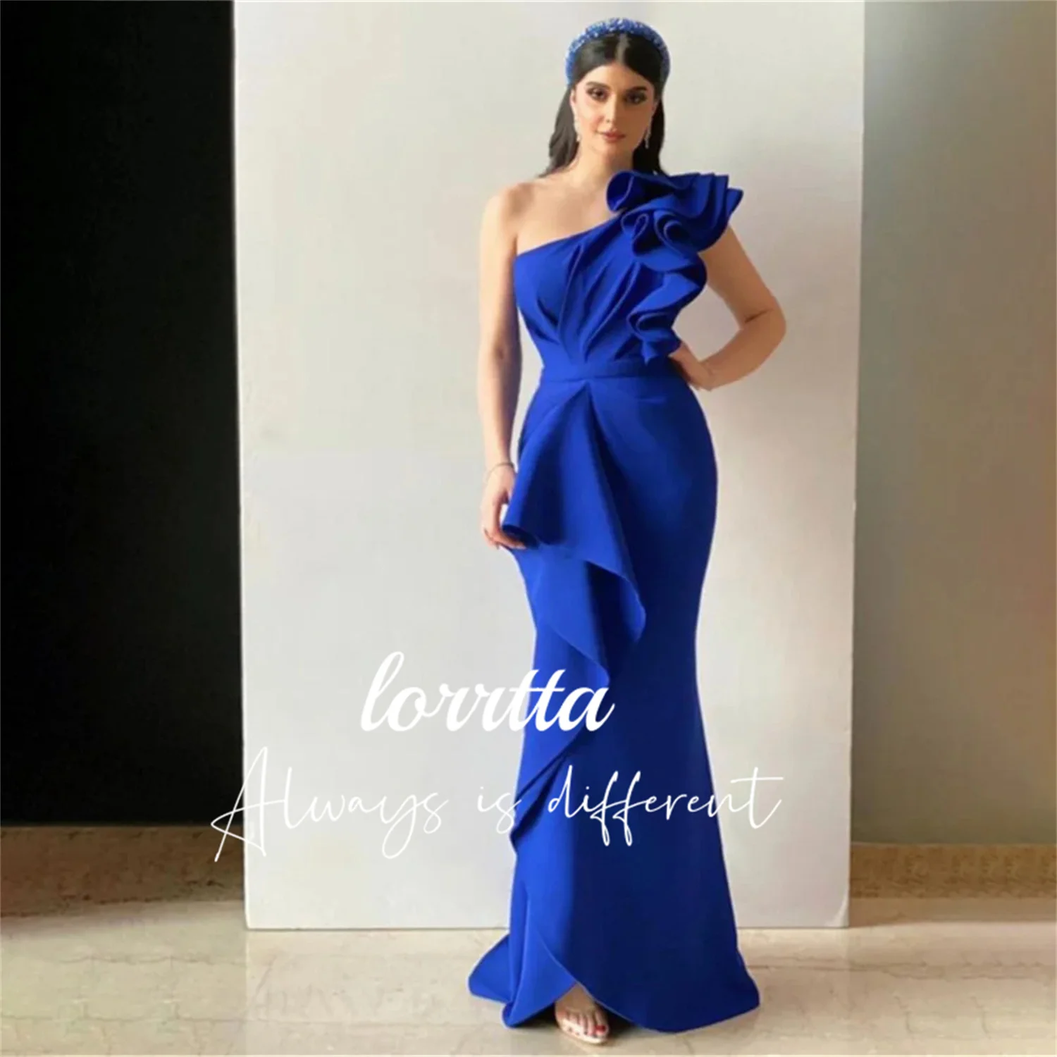 

Lorrtta Dubai Saudi Arabia Elegant Ball Gown One-shoulder Sleeveless Ruffled Fishtail Dress Satin Vestidos De Gala Mujer Largos