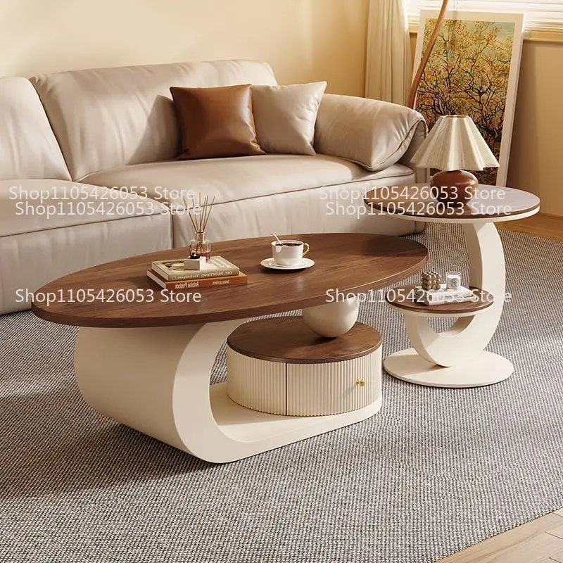 Medieval light luxury walnut coffee table living room household oval tea table simple modern combination small coffee table new