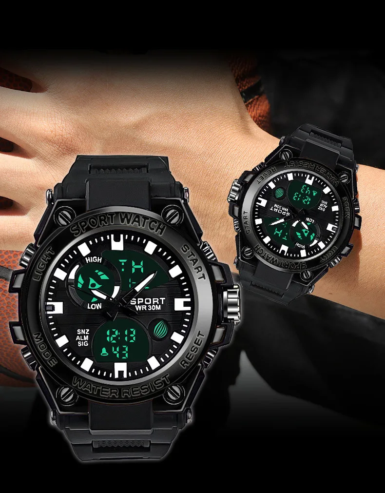 남성용 전자 시계 다기능 청소년 야외 스포츠 발광 석영 듀얼 디스플레이 시계
