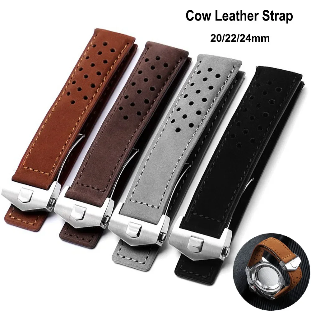 

Cowhide Universal Watch Band 20mm 22mm 24mm Frosted Cow Leather Watch Strap Folding Buckle Replacement Wristband Men Bracelet