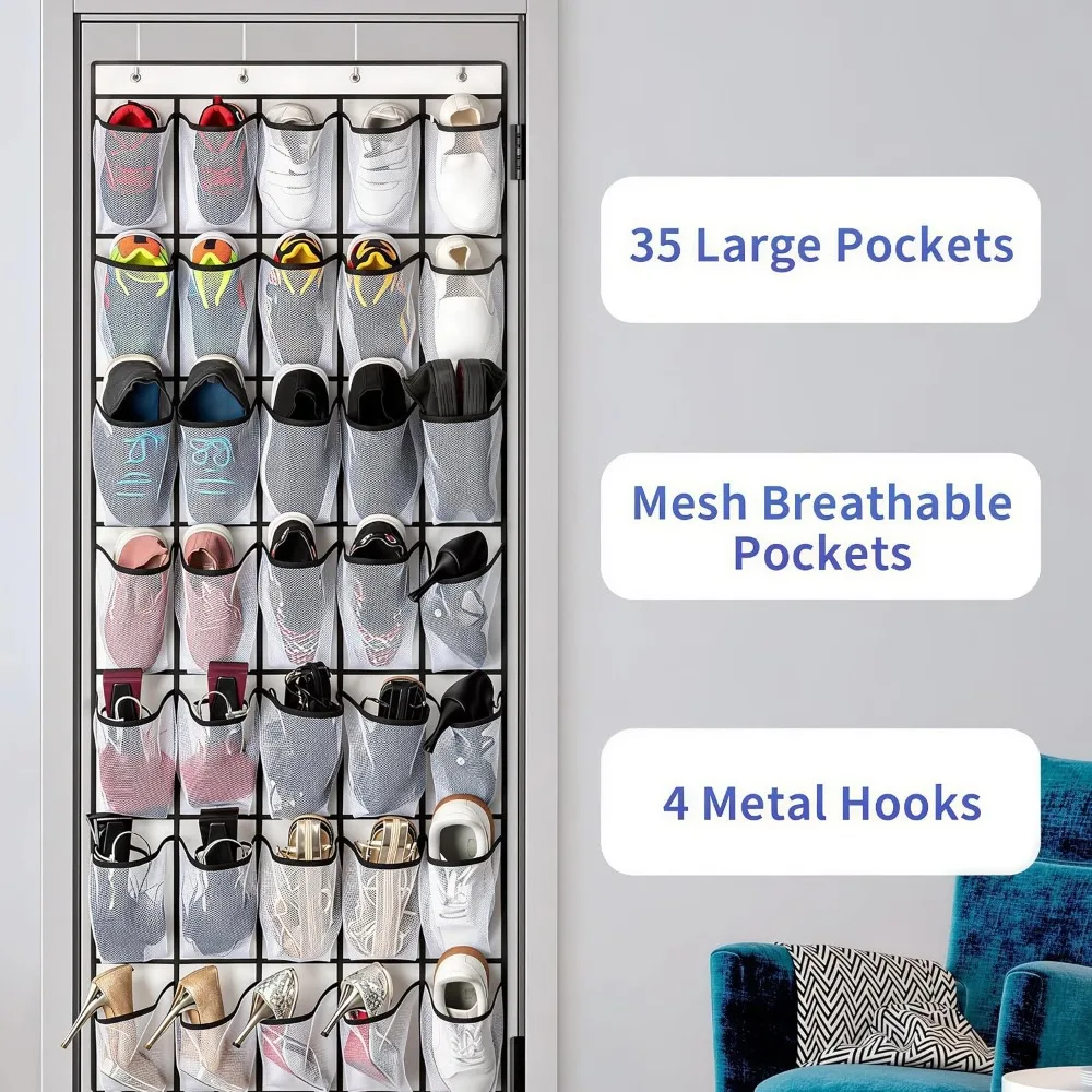 35 Pockets Over Door Shoe Organizer, Hanging Storage with Mesh Pockets, Large Capacity, 4 Metal Hooks, White view 5