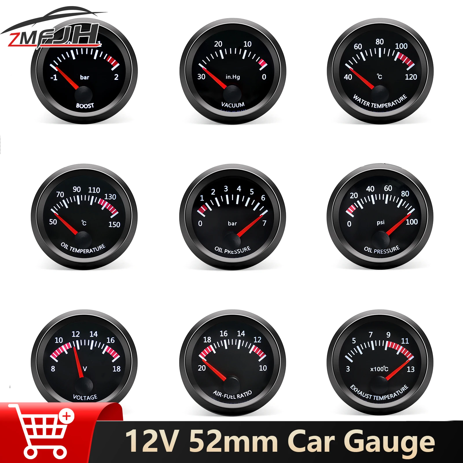 

12V 52mm Gauge Car Oil Press Water Temp Oil Temp Gauge Oil Press Volt Air Fuel Ratio Boost Exhaust Temp Digital LED Pointer