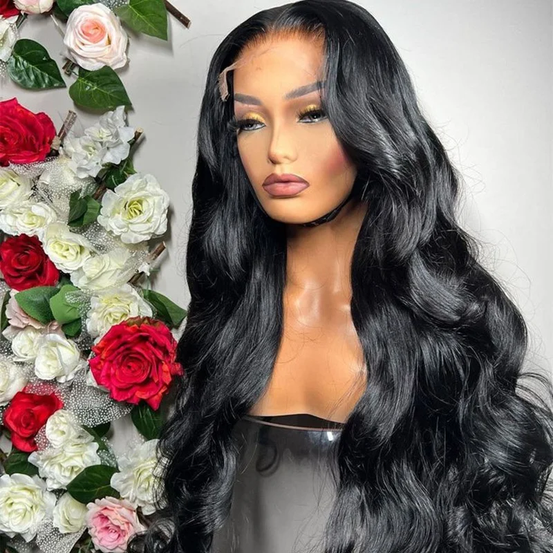 

26 дюймов натуральный черный мягкий длинный 180 Плотность бесклеевой синтетический объемная волна 13*4*1 парик фронта шнурка для женщин детские волосы предварительно выщипанные