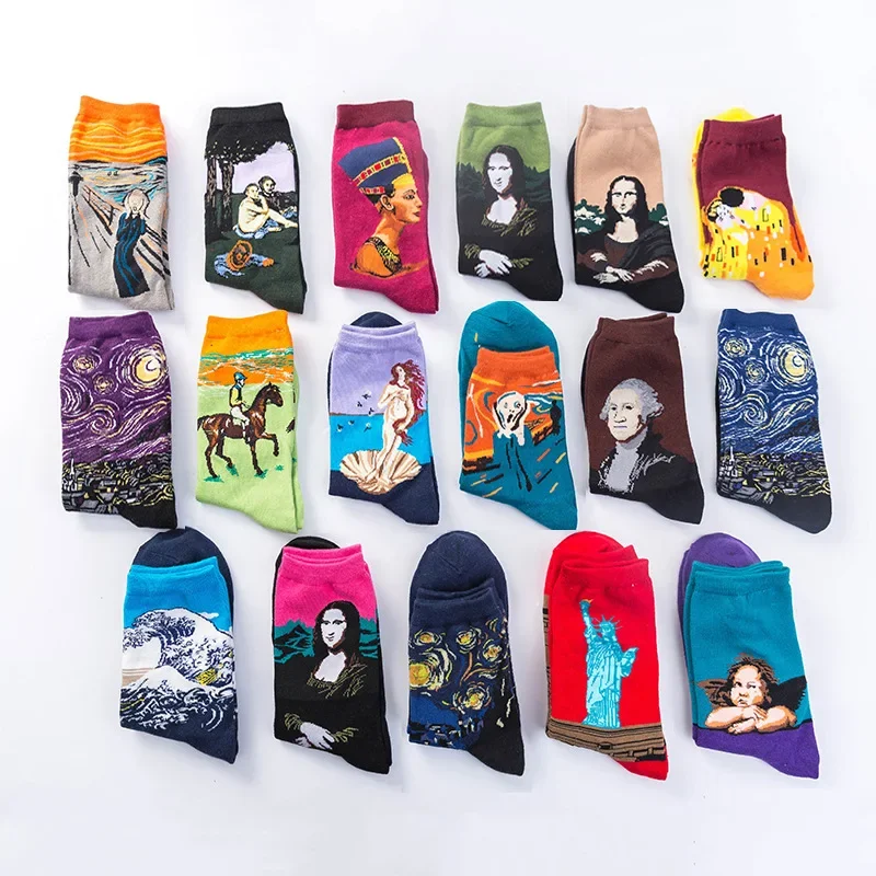 Zabawne skarpetki vintage damskie Mona Lisa kreatywne skarpetki wesołe gwiaździste niebo japońskie Harajuku pończochy obraz olejny Van Gogha