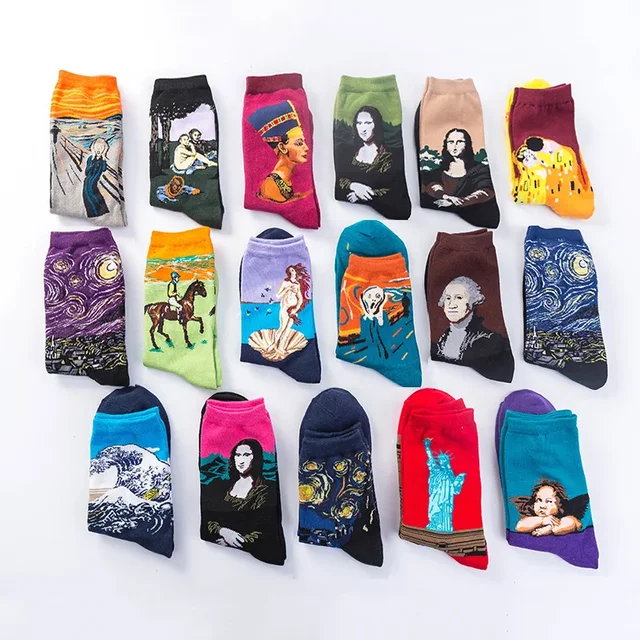 Zabawne skarpetki vintage damskie Mona Lisa kreatywne skarpetki wesołe gwiaździste niebo japońskie Harajuku pończochy obraz olejny Van Gogha