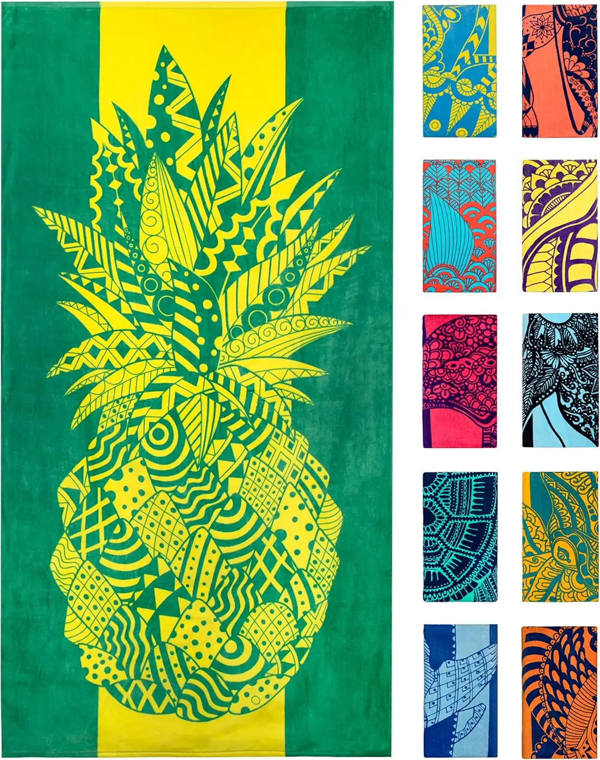 Pineapple Beach Towel, Yellow and Green Tropical Fruit Design Absorbent Bath Towel for Swimming Pool and Travel Vacation