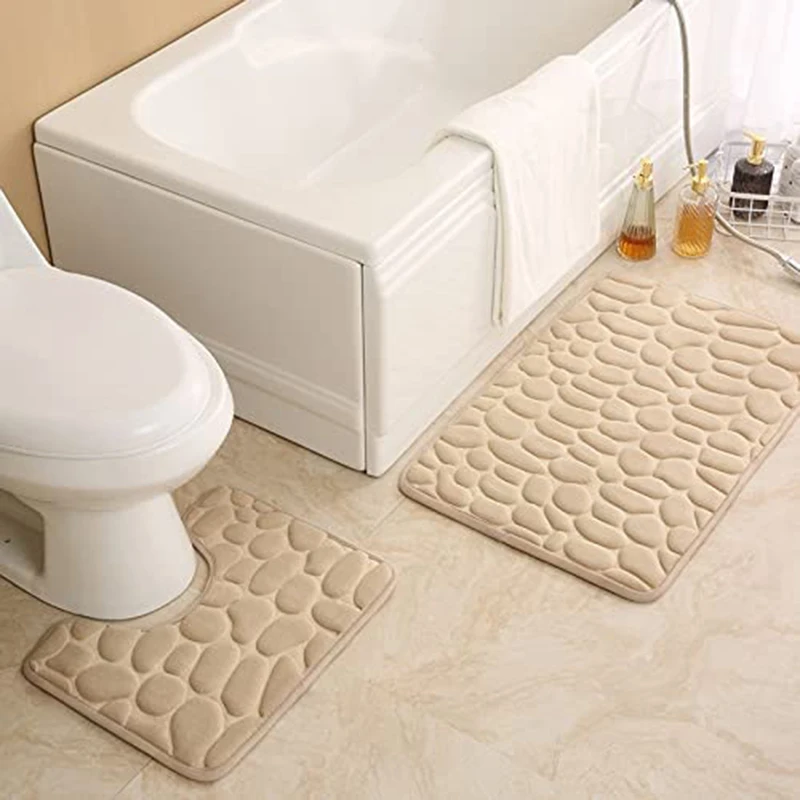 2PCS Bathroom Bath Mat Set Cobblestone Embossed Anti Slip Rug Water Absorbing Foot Mat Non-slip Carpet In Bathtub Floor