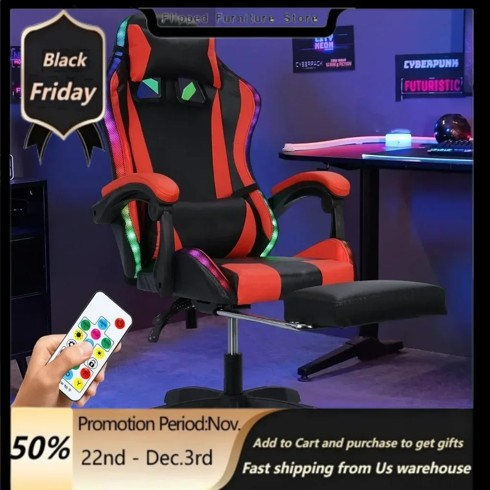 

Gaming Chair Massage w Bluetooth Speakers RGB LED Lights,Ergonomic，Footrest,Height Adjustable Adults w Back Lumbar Support Red