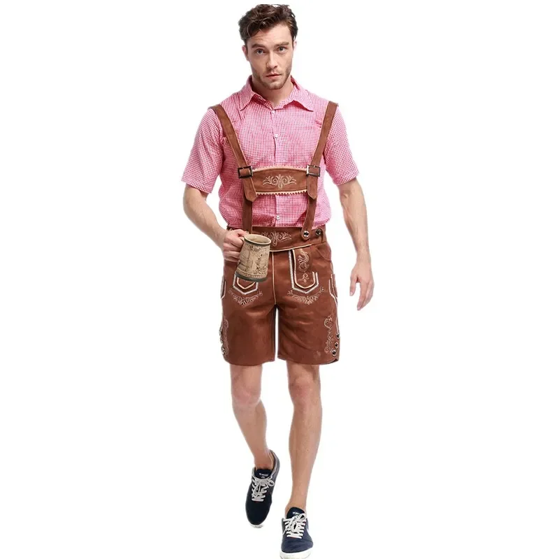 

Men German Oktoberfest Lederhosen Costume Short Sleeve Plaid Shirt Suspenders Hat Set Bavarian Beer Festival Men Cosplay Outfit