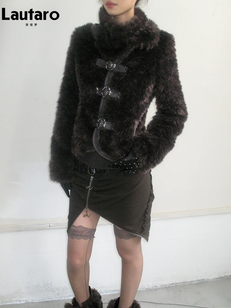 Lautaro Autumn Winter Short Thick Warm Fuzzy Patchwork Faux Fur Coat Women Deep V Neck Punk Style Clothes Emo Fluffy Jacket 2026