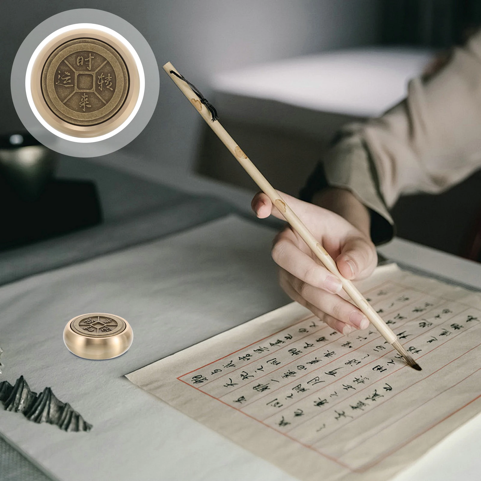 

Brass Paperweight Round Calligraphy Desk Accessory Ruler Solid Brass Craftsmanship Office Decor Chinese Art